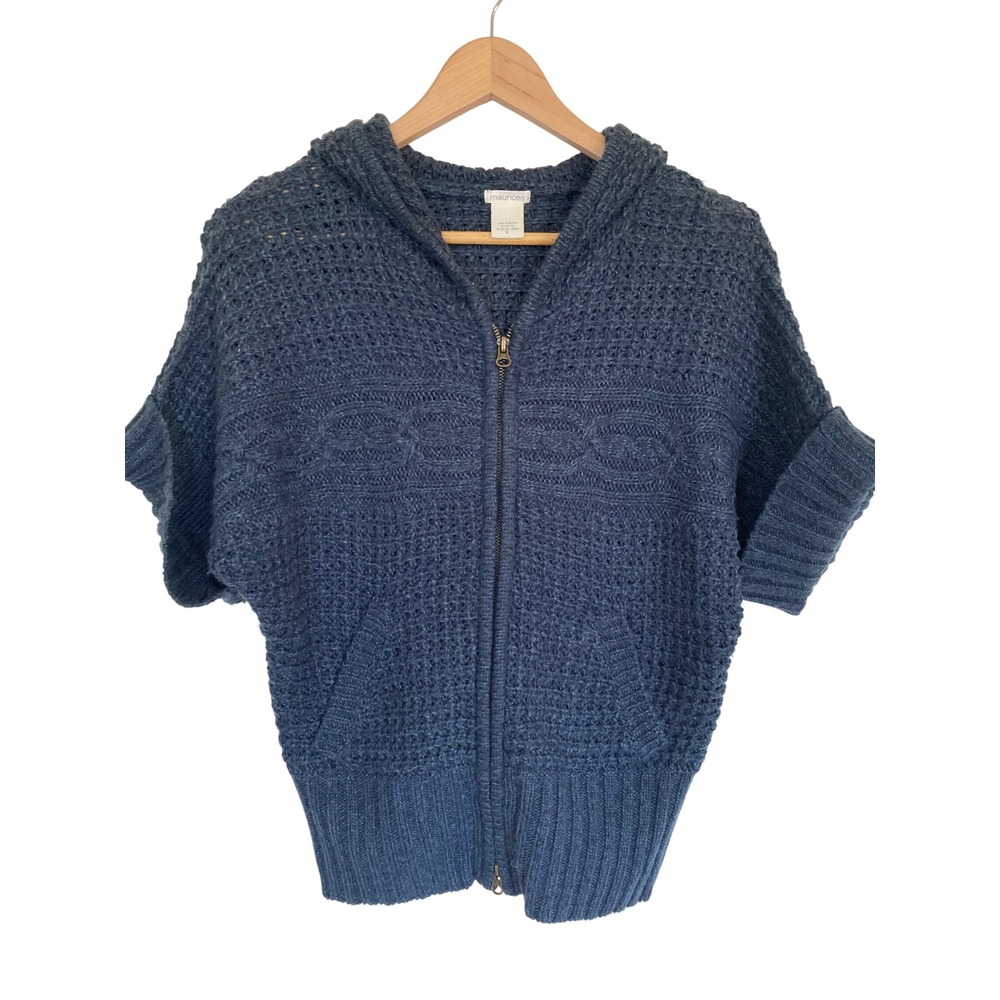 Maurices Blue Short Sleeve Hooded Cable Knit Zip Up Cardigan Sweater Medium
